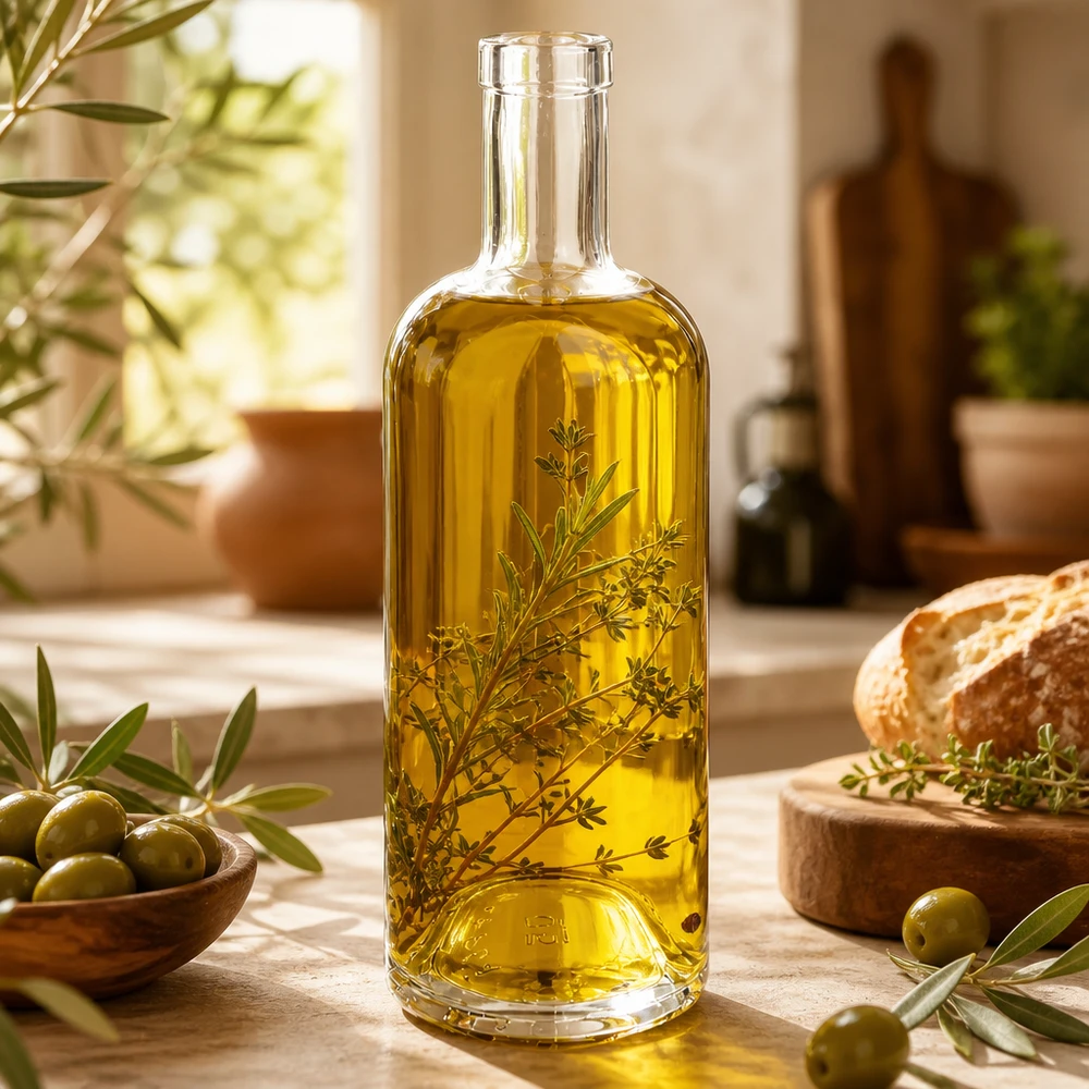 Bottiglia in vetro da 750 ml Emma senza tappo UNiTWIST® Bottiglia di vetro da 750 ml di Emma riempita con olio d'oliva ed erbe aromatiche accanto a pane alle olive e decorazioni mediterranee