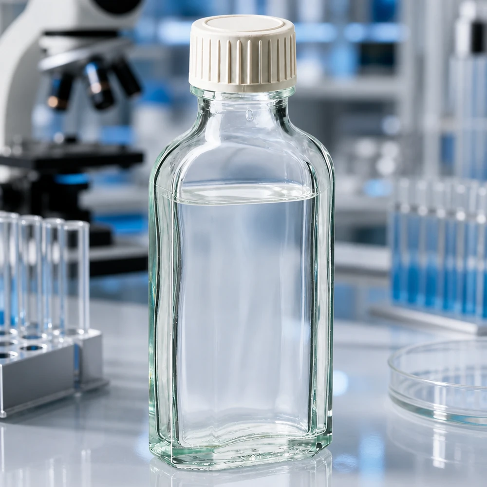 Tappo a vite trasparente Meplat da 50 ml con inserto in schiuma PE Flacone Meplat da 50 ml trasparente con tappo a vite bianco e inserto in schiuma di PE in ambito di laboratorio