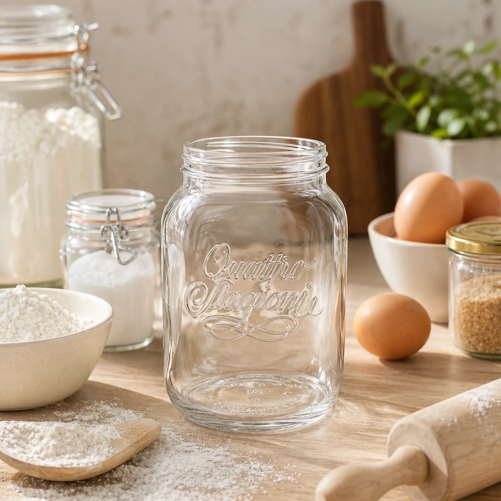 Quattro Stagioni bicchiere per la casa 3000ml trasparente su tavolo di legno con utensili da cucina uova e farina
