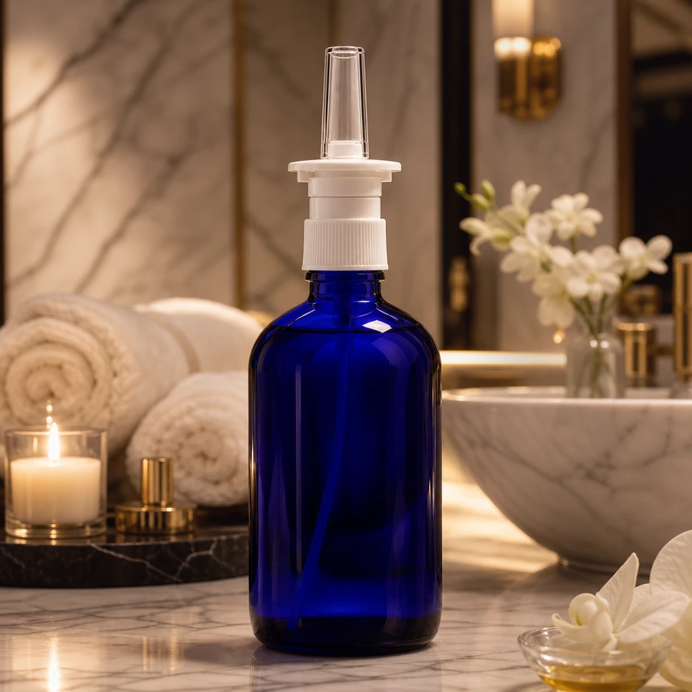 Flacone di vetro da 100 ml color blu cobalto con beccuccio spray, su un elegante mobile da bagno di lusso in marmo