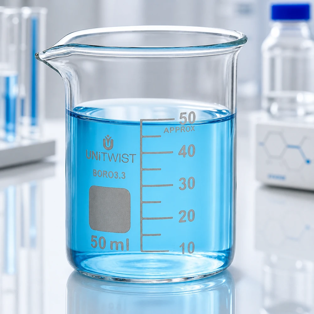 Bicchiere da laboratorio UNiTWIST da 50 ml, forma bassa, contenente un liquido turchese con un livello di 45 ml in laboratorio