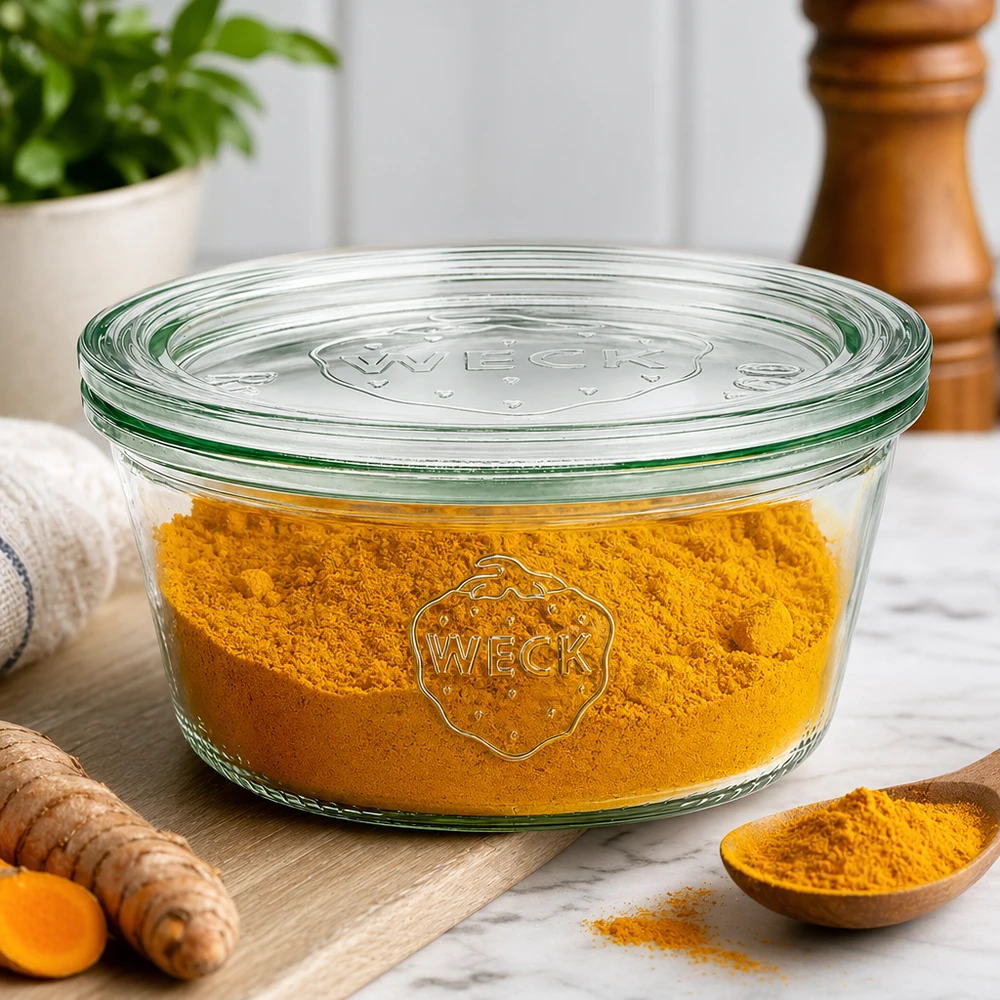 Bicchieri WECK da 290 ml RR100 riempiti di polvere di curcuma come barattolo di spezie accanto a una radice di curcuma fresca e a un cucchiaio di legno