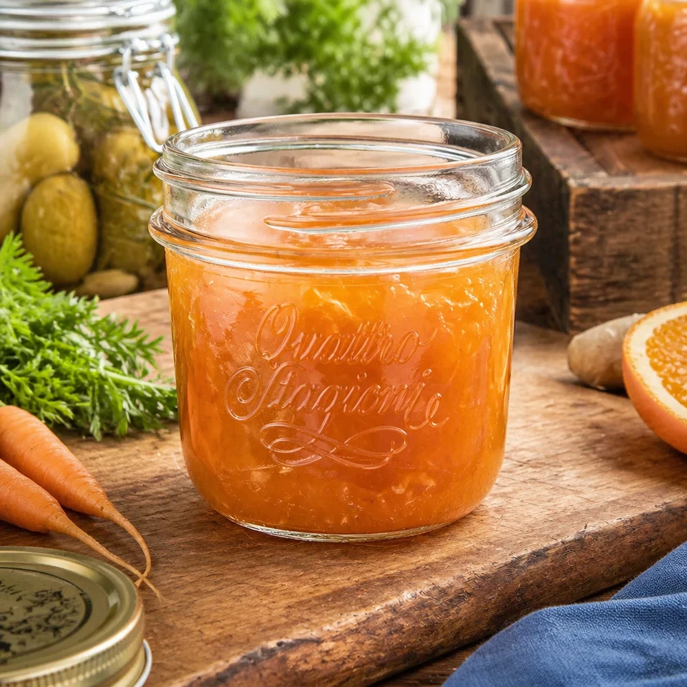 Vasetto Quattro Stagioni da 200 ml con marmellata di arance su tavola di legno accanto a carote e cetrioli