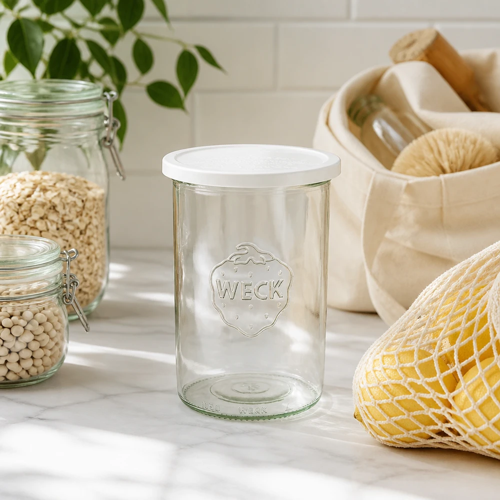 Bicchieri da 1000ml con coperchio di freschezza WECK RR100 Bicchieri WECK 1000ml RR100 in un ambiente di cucina naturale con utensili e piante sostenibili