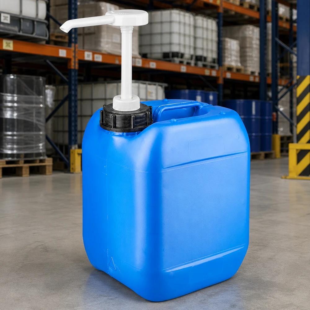 Tanica 5 litri blu con pompa dosatrice Tanica blu da 5 litri in HDPE con pompa dosatrice nel magazzino, su pavimento in cemento