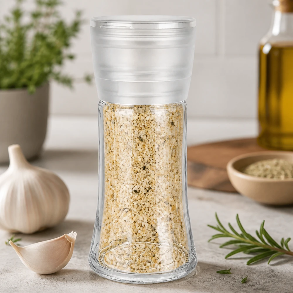 Barattolo per spezie da 95 ml con macinino, riempito con sale all’aglio, accanto ad aglio fresco e rosmarino