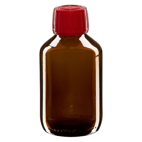 Flacone per medicinali da 150 ml marrone, tappo rosso con chiusura antimanomissione Flacone per medicinali da 150 ml marrone, tappo rosso con chiusura antimanomissione