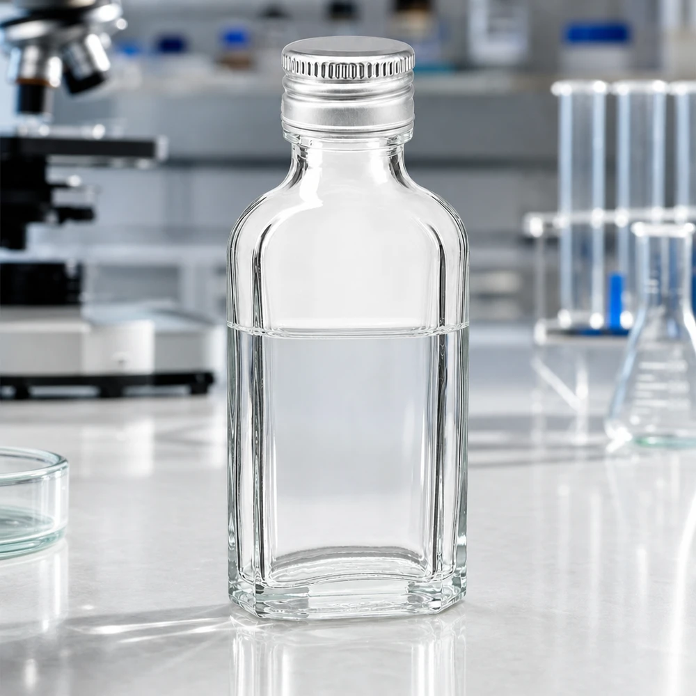 50 ml Meplat trasparente con tappo in alluminio argento PP22 Flacone di vetro rettangolare da 50 ml, modello Meplat trasparente, con tappo in alluminio PP22 argentato, per uso in laboratorio