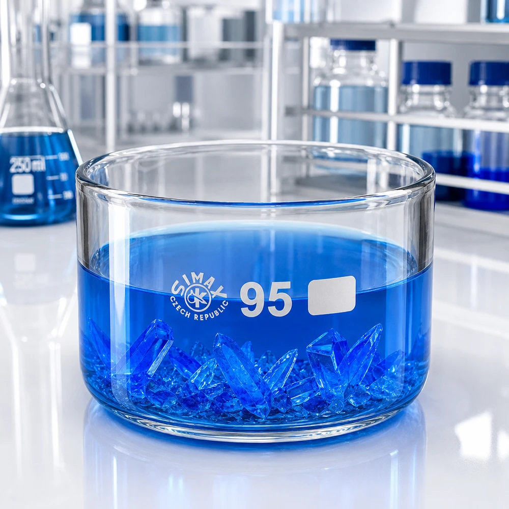 Piatto per cristallizzazione da 300ml senza beccuccio Bo. ø95mm Cristalli blu in una vaschetta di cristallizzazione Simax da 300 ml, 95 mm – Esperimento di laboratorio sulla cristallizzazione