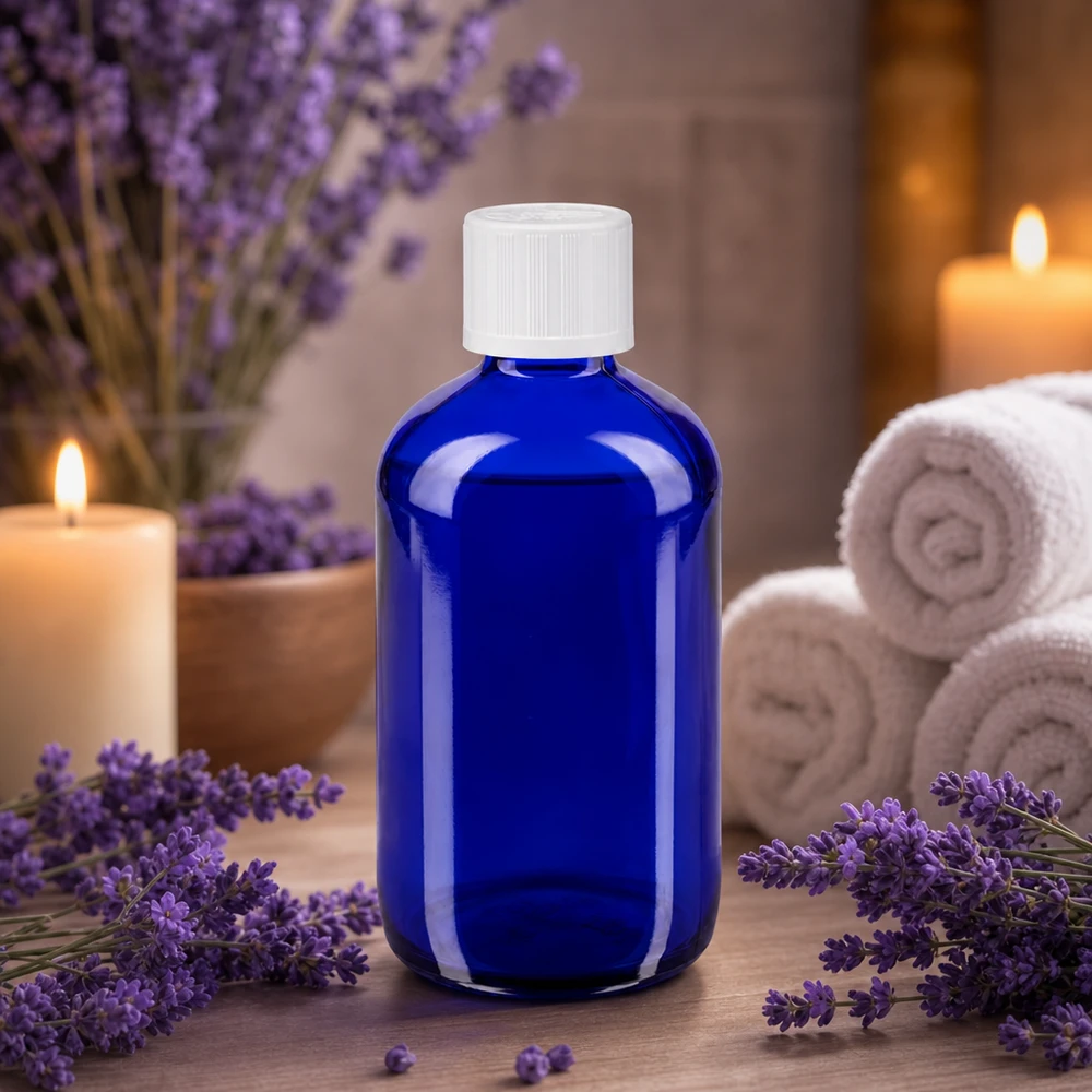 Flacone da farmacia blu da 100 ml con tappo di sicurezza per bambini bianco, tra fiori di lavanda e candele