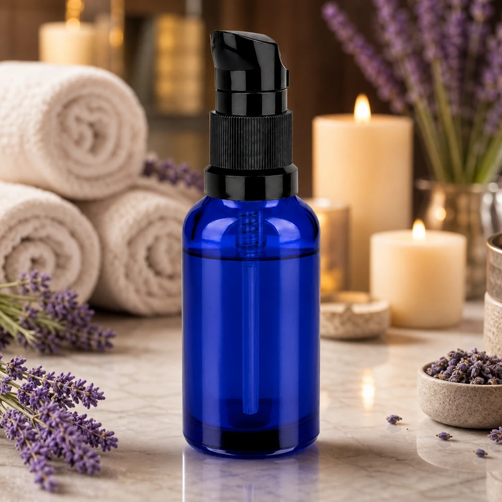 Flacone a pompa da 30 ml nero STD BlueLine UT18/30 Elegante flacone in vetro da 30 ml con pompetta nera, perfetto per le spa e la bellezza.
