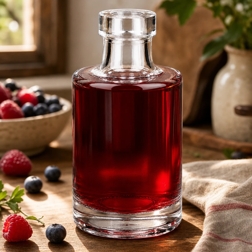 Bottiglia in vetro da 100 ml Marie senza tappo UNiTWIST® Bottiglia di vetro da 100 ml di Marie riempita di sciroppo di bacche rosse accanto a lamponi e mirtilli freschi su un tavolo di legno