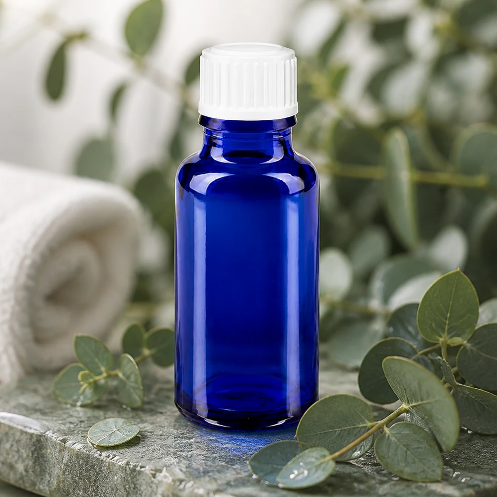 Piccola boccetta di vetro marrone da 20 ml con tappo contagocce bianco, circondata da ramoscelli di eucalipto