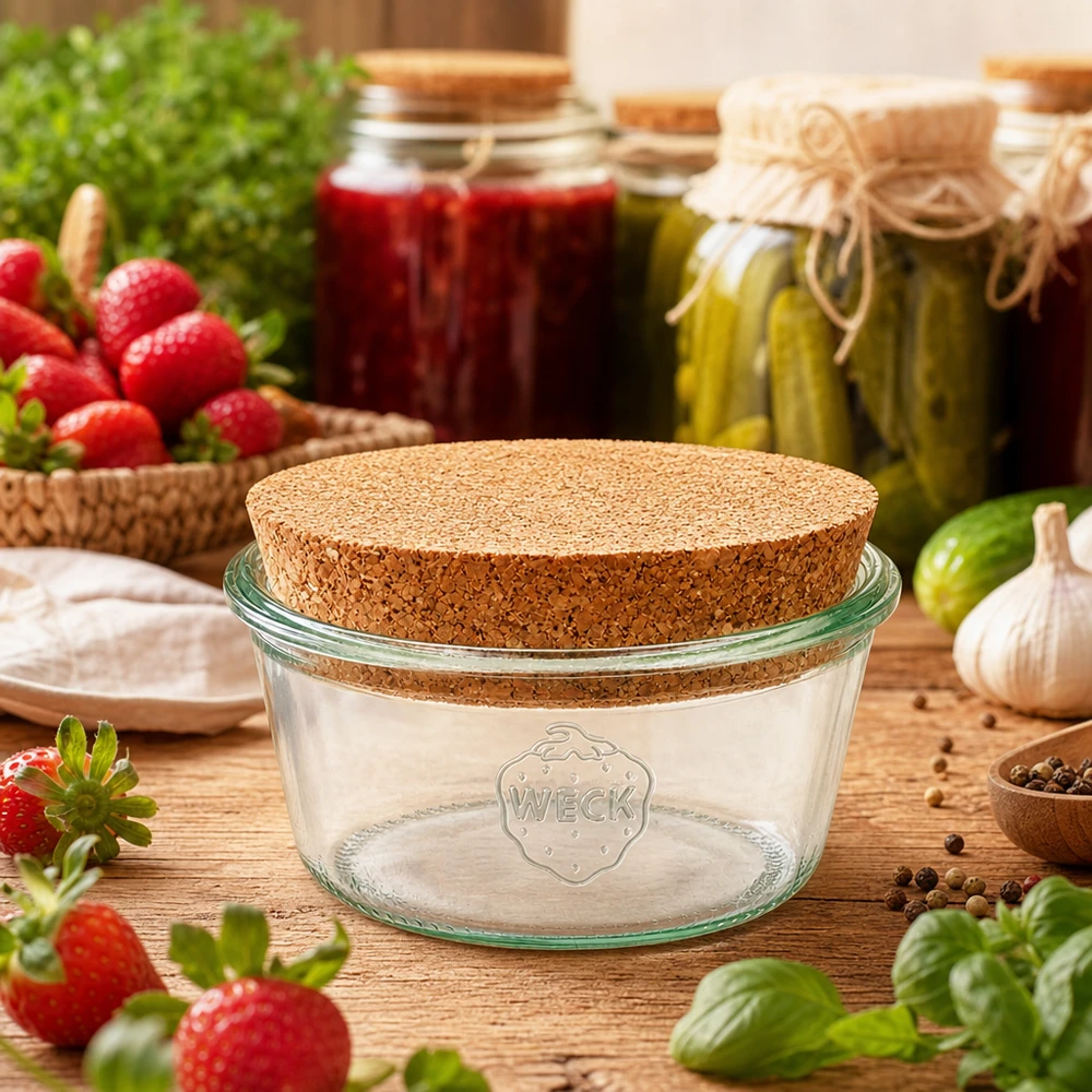 Vaso basso da 290 ml WECK RR100 con sughero naturale Vaso da conserva WECK da 290 ml con coperchio in sughero in una cucina rustica circondata da fragole e verdure fresche