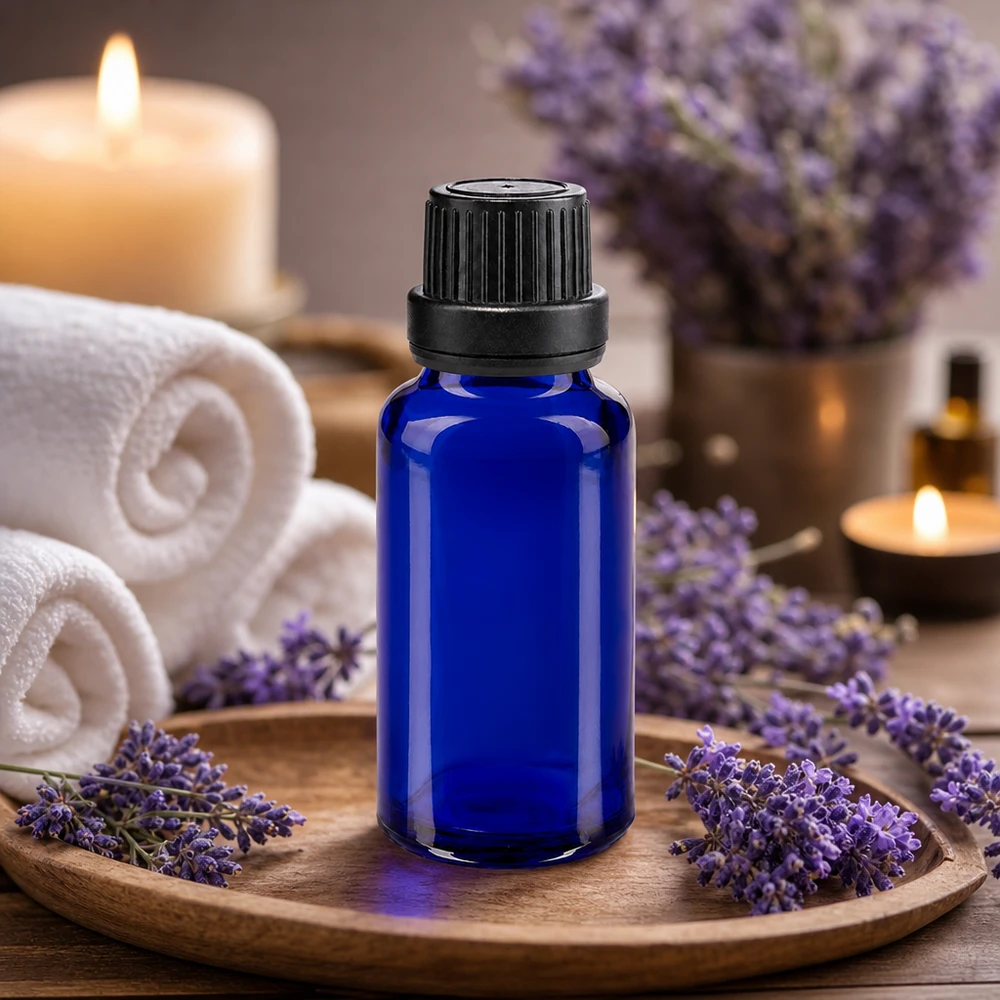 Bottiglia da farmacia blu da 20ml. SV OV nero/11mm ApoGlas Flacone di vetro blu da 20 ml con tappo a vite e profumo di lavanda “Spa Ambiente”