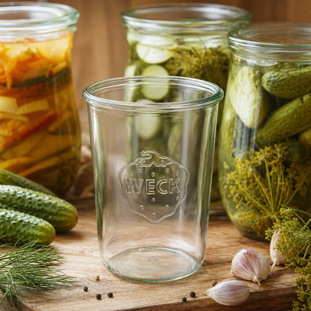 Vaso da muratore WECK RR100 vuoto da 850 ml davanti a cetriolini e verdure sott'aceto in vasi da muratore pieni su una base di legno