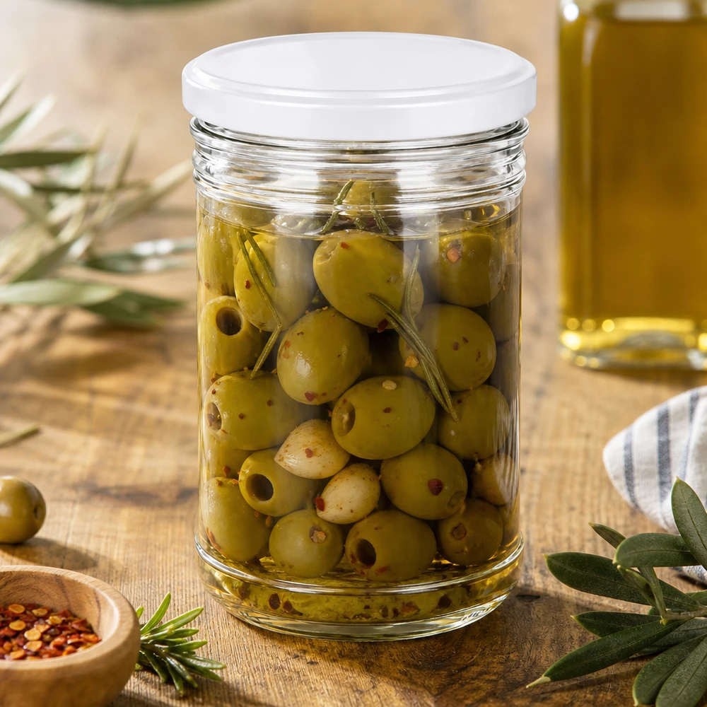Vaso da 1053 ml con coperchio BasicSeal bianco UN... Bicchieri da 1053 ml pieni di olive mostra uso mediterraneo BasicSeal coperchio bianco barattolo per antipasti
