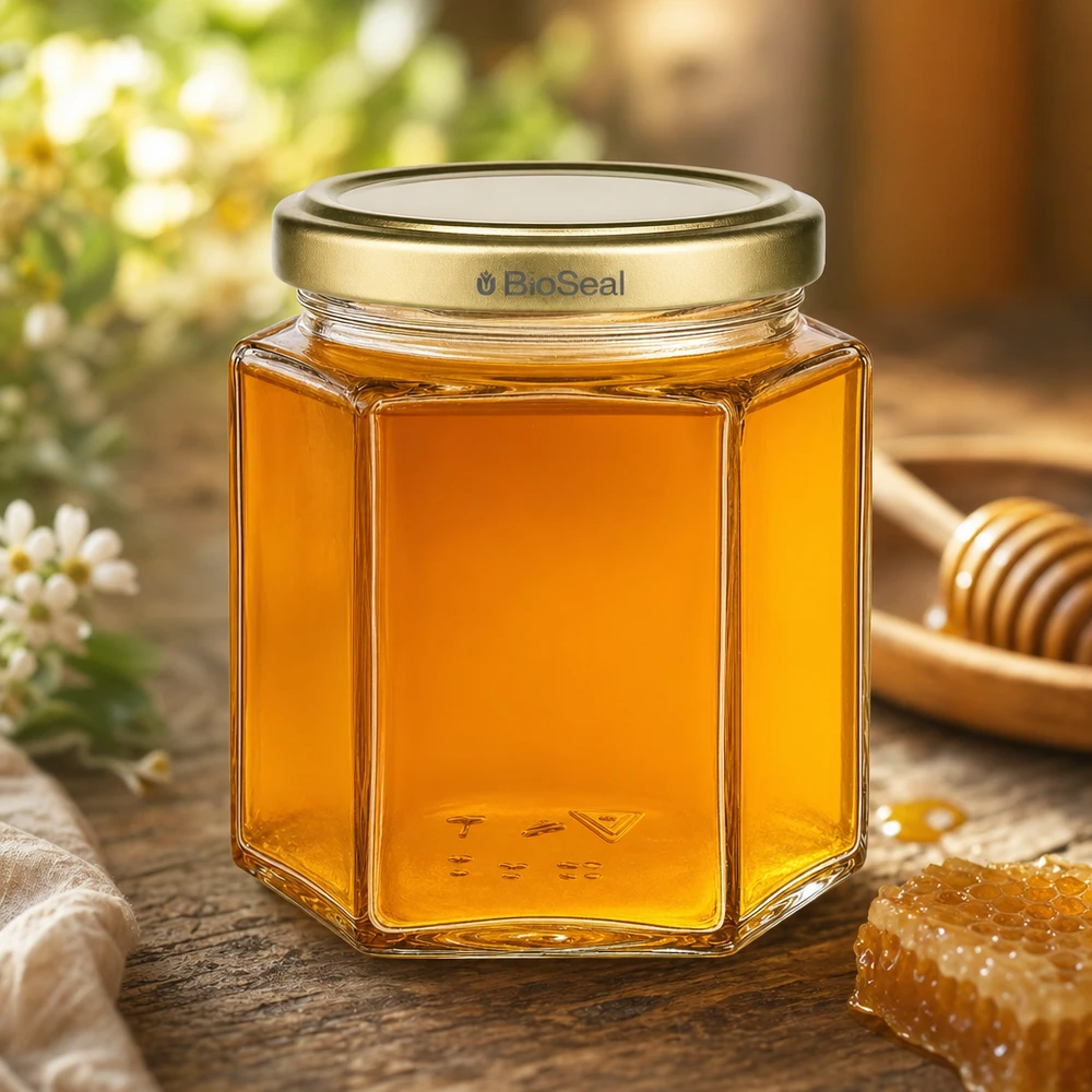 Vasetto per miele da 520 g con capsula dorata BioSeal UNiTWIST Vasetto di miele esagonale da 520 g con coperchio dorato BioSeal riempito di miele naturale accanto a favo e cucchiaio da miele