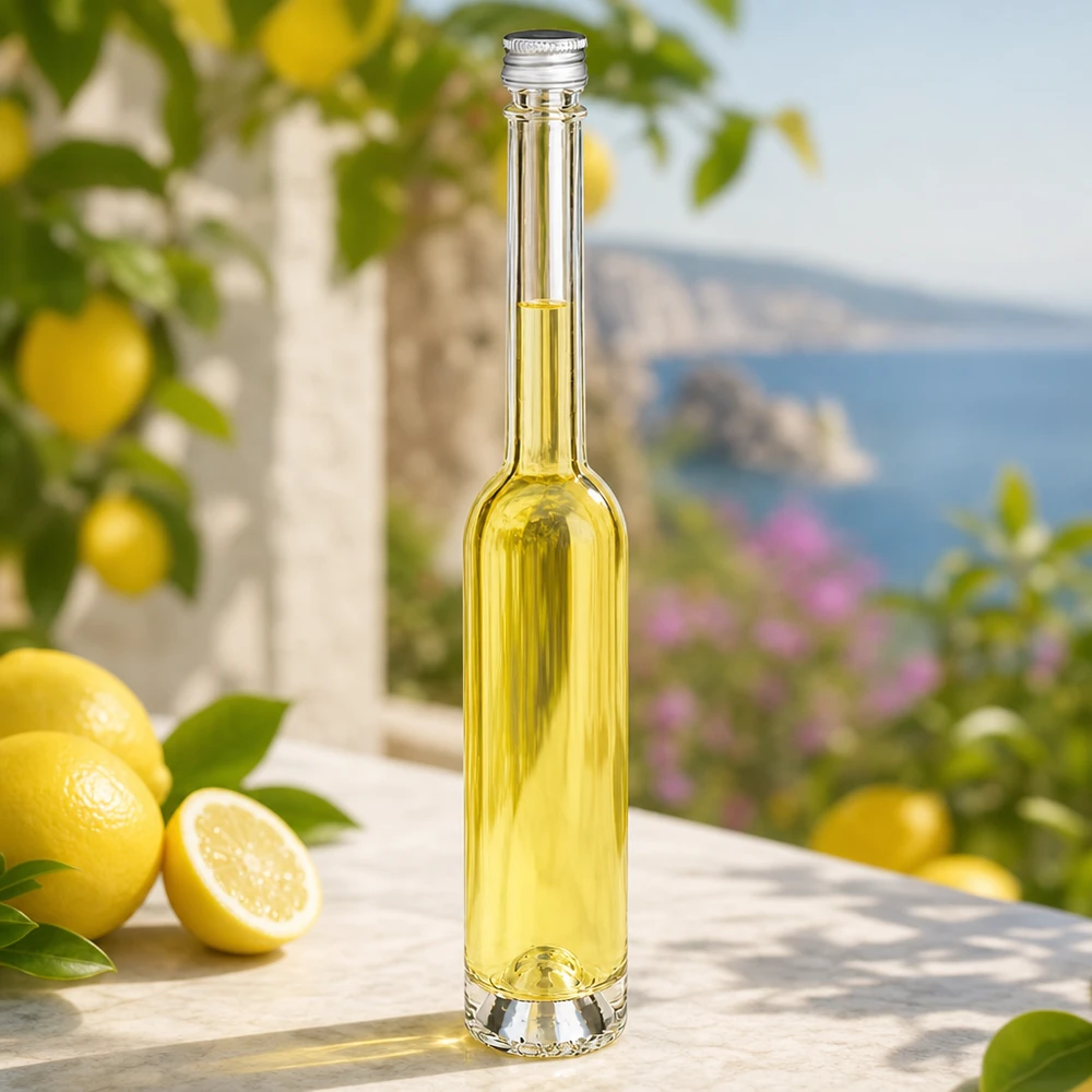Bottiglia in vetro da 100 ml Toni senza tappo a vite UNiTWIST® Bottiglia in vetro da 100 ml Toni con tappo a vite in argento - elegante forma stretta per limoncello