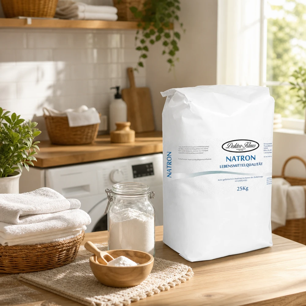 Sacco da 25 kg di bicarbonato di sodio in polvere (carbonato acido di sodio) Sacco grande da 25 kg di bicarbonato di sodio in polvere nella cucina moderna con idrogenocarbonato di sodio naturale