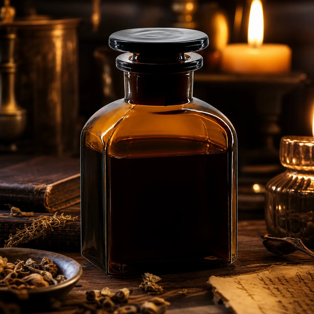 Bottiglia quadrata 150ml marrone a collo largo, con tappo in vetro Flacone da farmacia da 150 ml in vetro ambrato, di forma quadrata, con collo largo e tappo di vetro, illuminato dalla luce delle candele