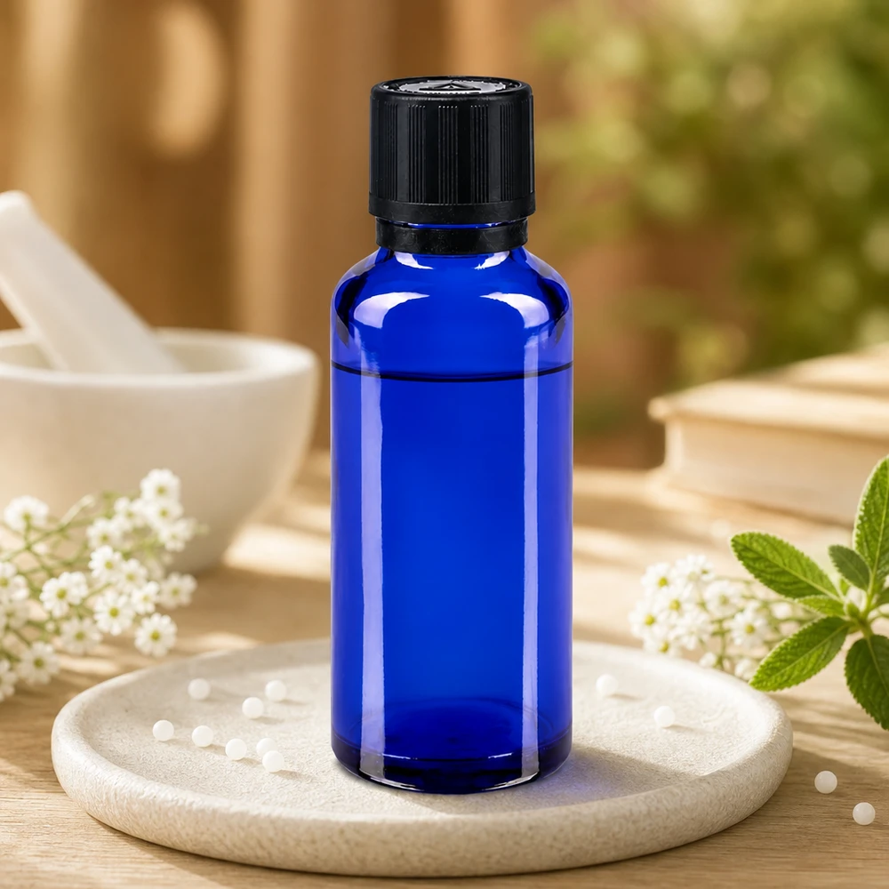 Flacone di vetro blu da 30 ml con tappo di sicurezza nero per bambini, circondato da fiori bianchi e menta