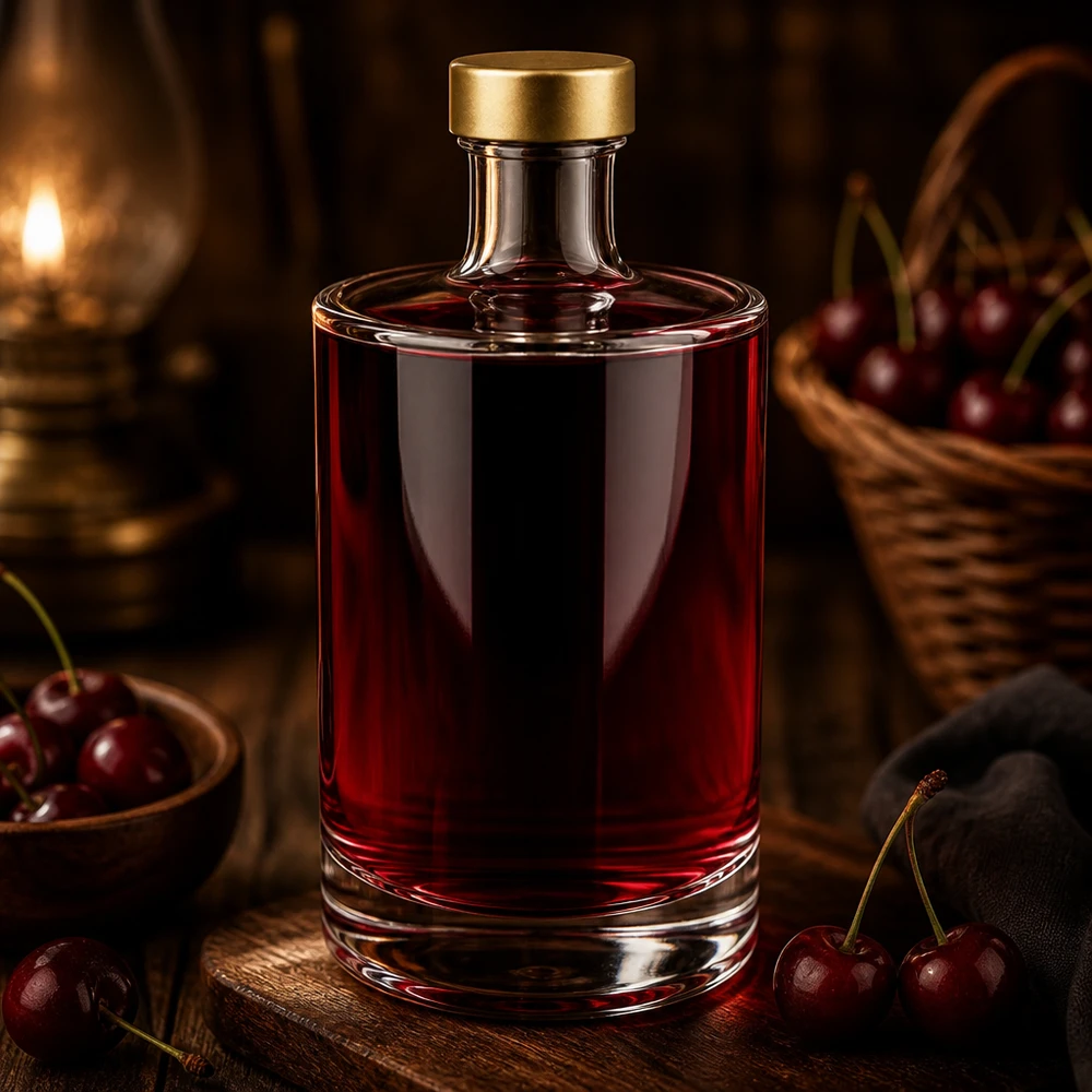 Bottiglia in vetro da 500 ml Sam + tappo a vite dorato UNiTWIST® Bottiglia in vetro da 500 ml Sam riempita di liquido rosso ciliegia tappo UNiTWIST dorato ciliegie decorazione luce calda