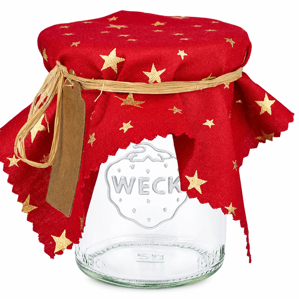 Centrino decorativo rosso con stelle dorate su vaso WECK, taglio quadrato, 15 cm, decorazione festiva