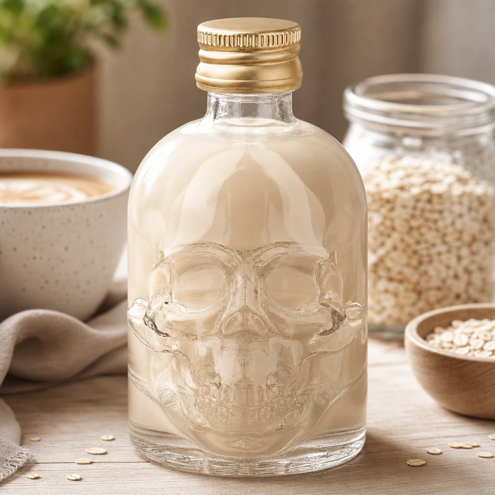 Bottiglia in vetro Hector da 50 ml con teschio in rilievo e tappo d'oro in un ambiente di cucina naturale con fiocchi d'avena