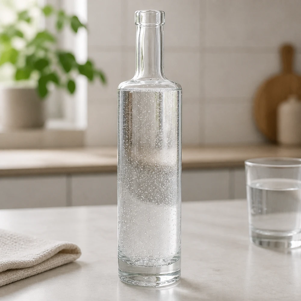 Bottiglia in vetro da 500 ml Lina senza tappo UNiTWIST® 500ml Glasflasche Lina mit sprudelndem Wasser gefüllt in modernem Küchenambiente mit Wasserglas und Textil-Deko