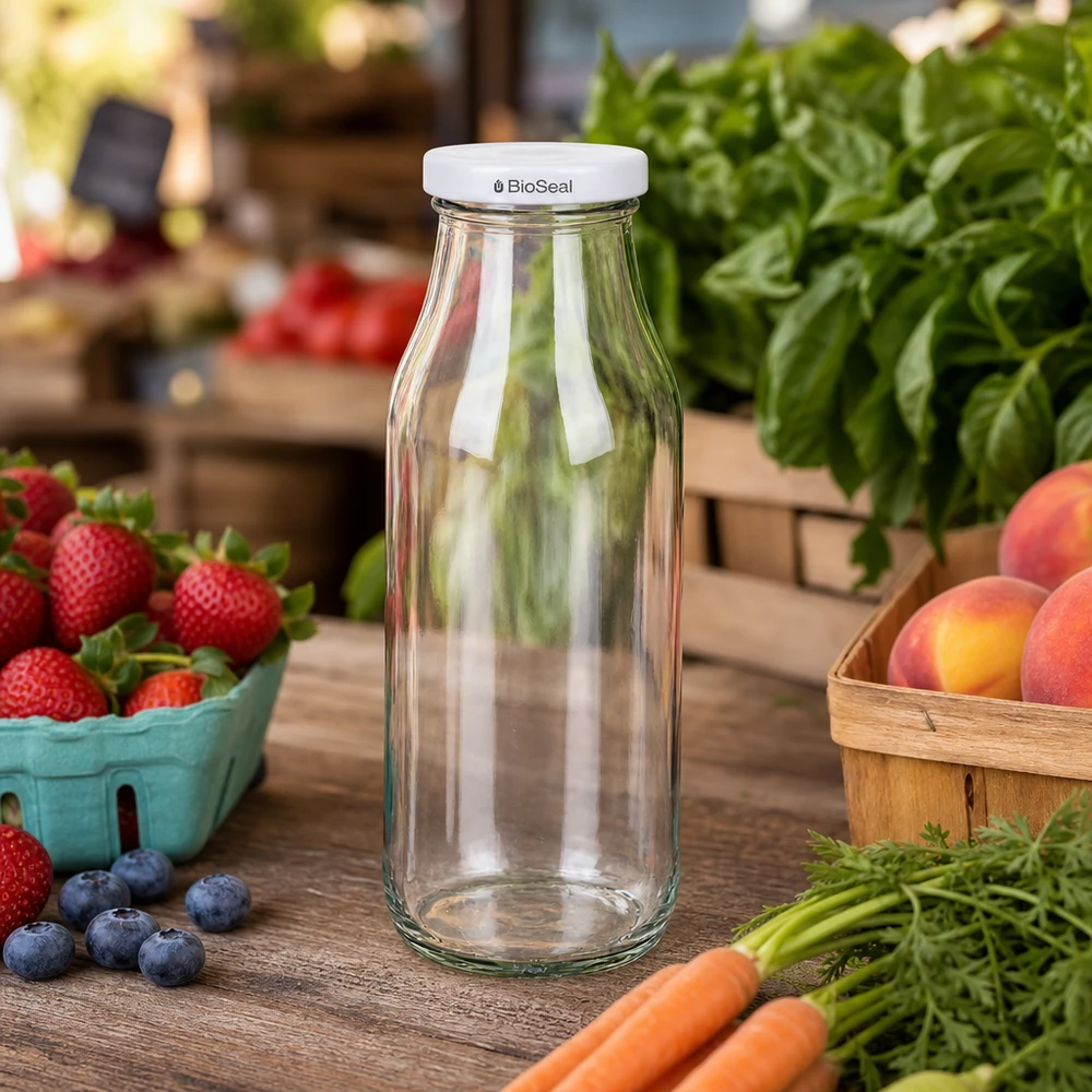 Bottiglia UNiTWIST263 con coperchio bianco TO43 BioSeal UNiTWIST Bottle263 Bottiglia di vetro vuota tra frutta e verdura fresca su un tavolo di legno in una scena naturale di cucina