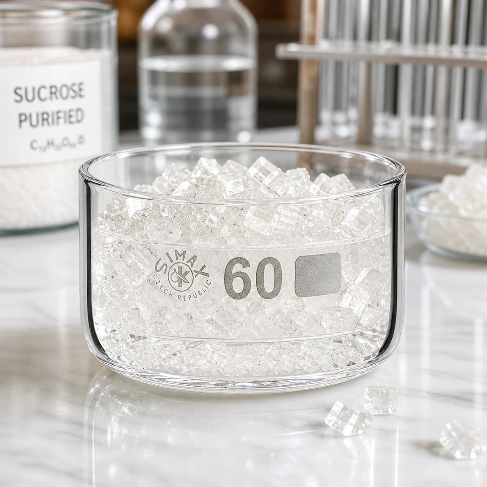 Bicchiere per cristallizzazione da 60 ml senza beccuccio Bo.. ø60mm Vaschetta di cristallizzazione da 60 ml piena di cristalli trasparenti su una superficie di marmo in un ambiente di laboratorio