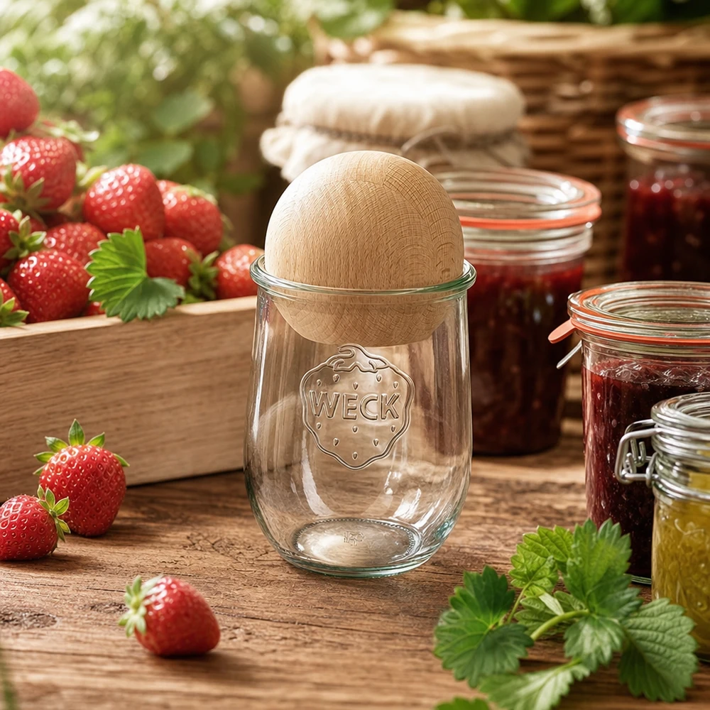 Barattolo da conserva WECK 1062ml RR100 con coperchio in legno per conservare la marmellata di fragole in una cucina rustica