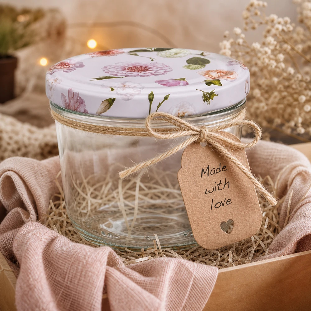 Bicchieri da 230 ml + coperchio BasicSeal rosa... Bicchieri da 230 ml BasicSeal coperchio rosa fiori confezione regalo cestino artigianale fiocco di iuta Made with Love etichetta