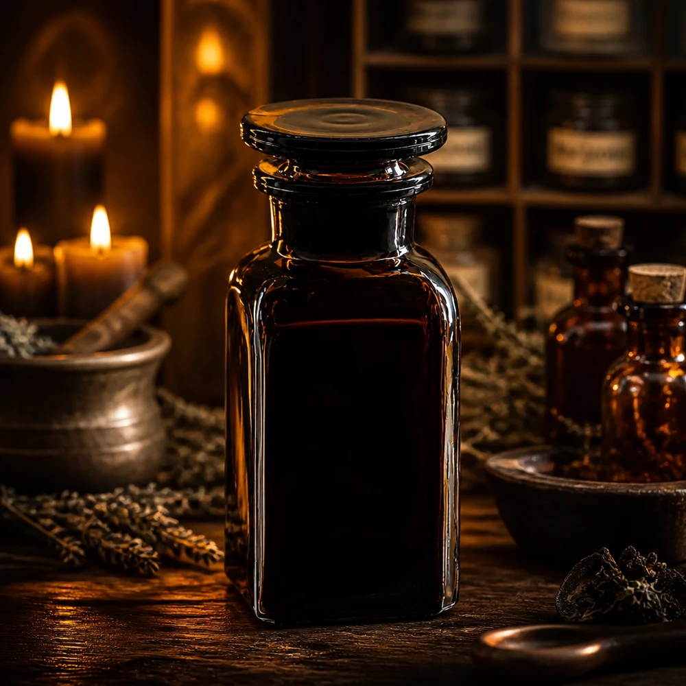 Fiaschetta da farmacia da 100 ml in vetro marrone, di forma squadrata, con tappo piatto in vetro, alla luce delle candele