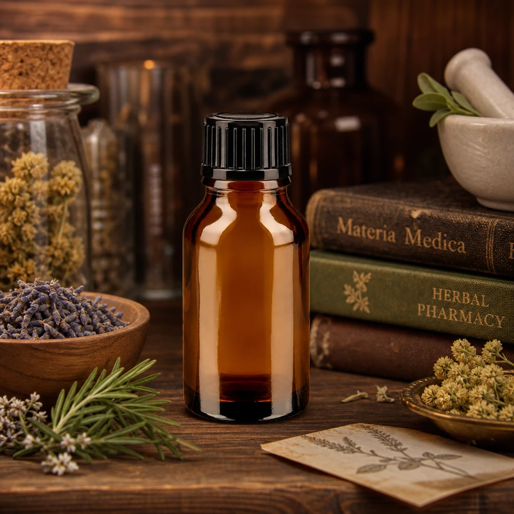 Bottiglia per farmacia marrone 15ml tappo a vite nero pc Flacone da farmacia da 15 ml in vetro ambrato con tappo a vite nero, tra i libri di erboristeria e la Materia Medica