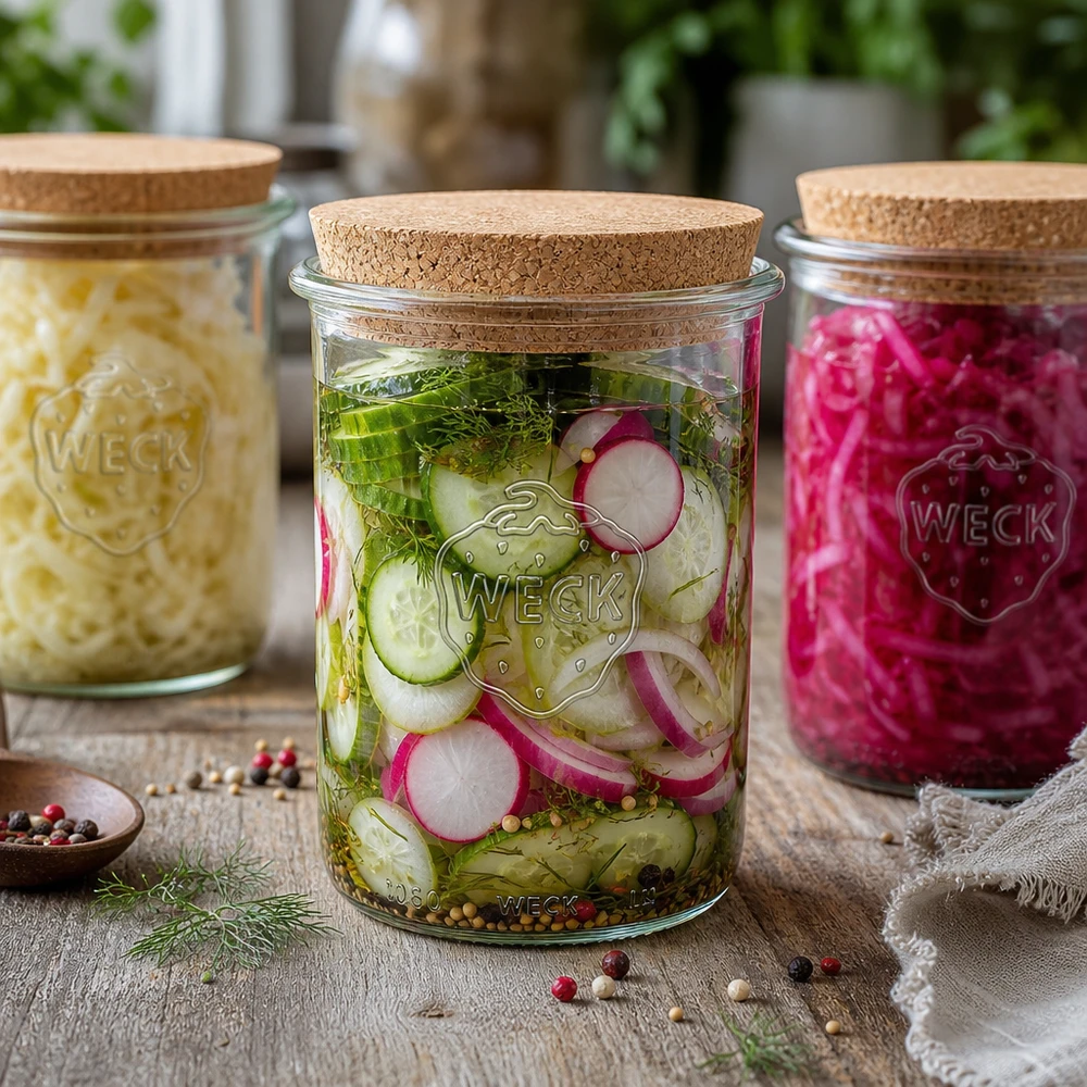 Bicchieri da 1000ml WECK RR100 con tappo in sughero naturale WECK 1000ml RR100 barattolo per conserve con coperchio in sughero Set di barattoli per la conservazione di cetrioli, crauti e ravanelli in salamoia