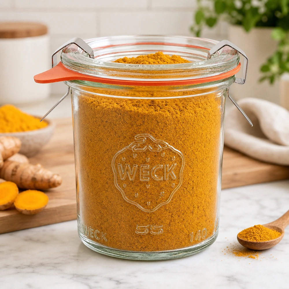 Vaso da 140 ml completo WECK RR60 WECK Sturzglas 140ml RR60 mit Kurkuma-Pulver gefüllt in moderner Küche zeigt Vielseitigkeit für Gewürzaufbewahrung