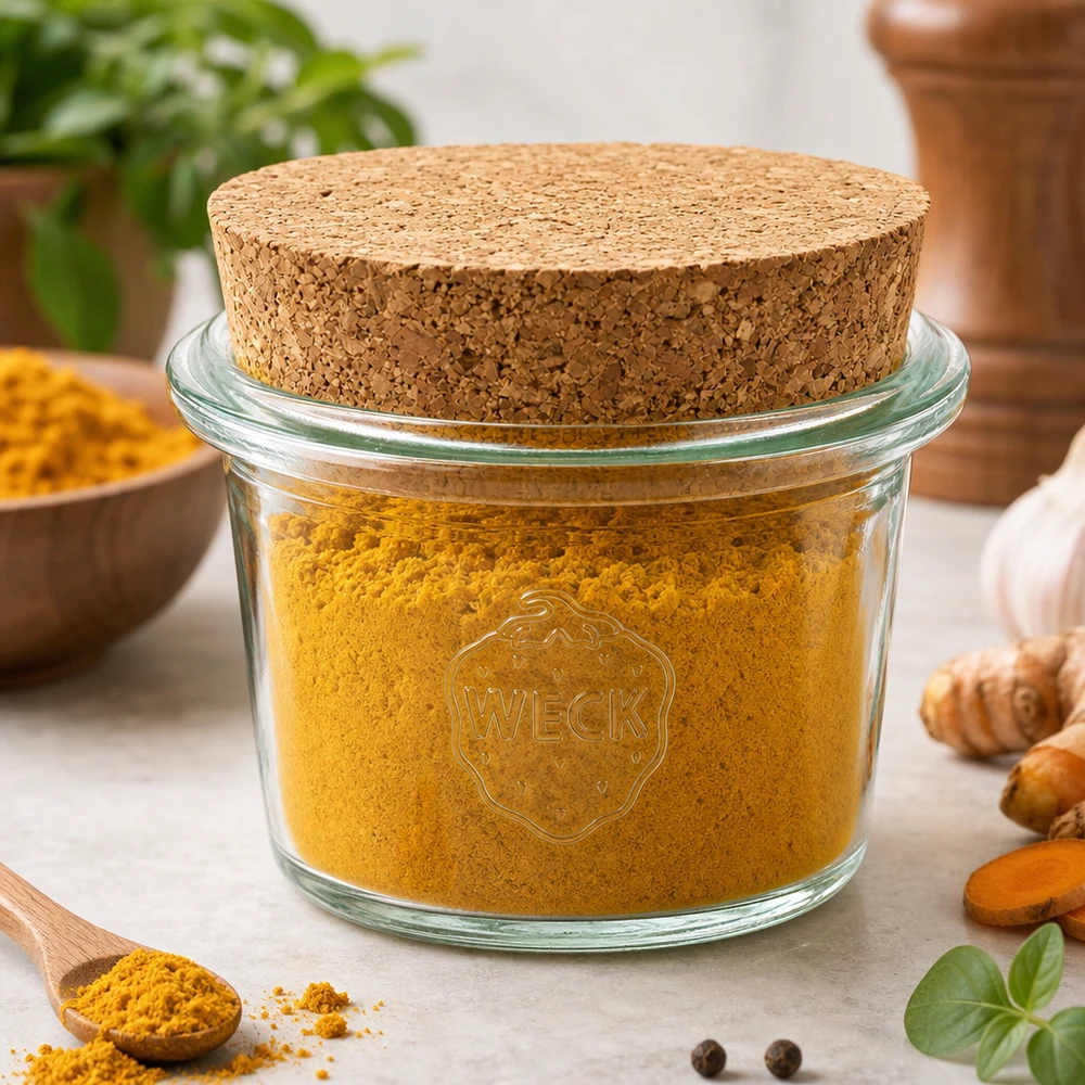 Barattolo da 35ml WECK RR40 con tappo in sughero naturale WECK RR40 Vaso da 35 ml con tappo in sughero riempito di curcuma in polvere e circondato da spezie ed erbe fresche.