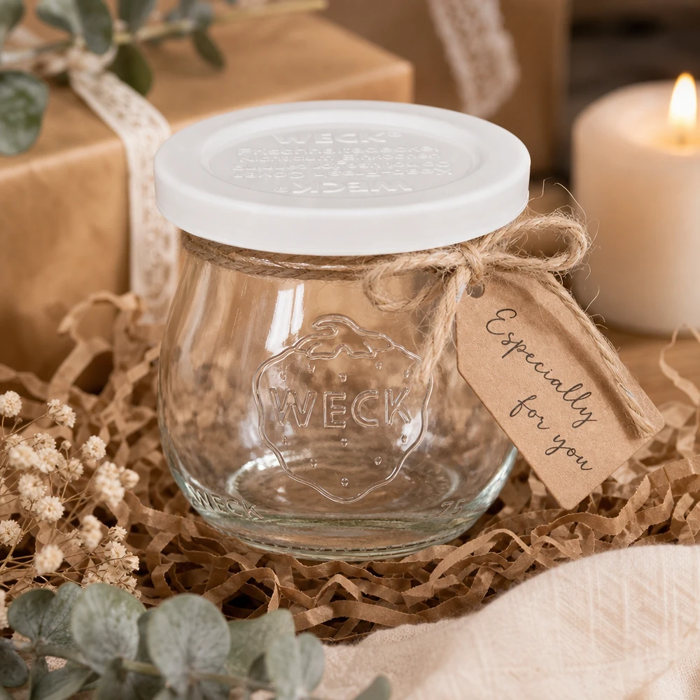 WECK vaso tulipano 75ml RR40 come regalo decorativamente confezionato con etichetta in carta kraft e nastro di iuta su legno