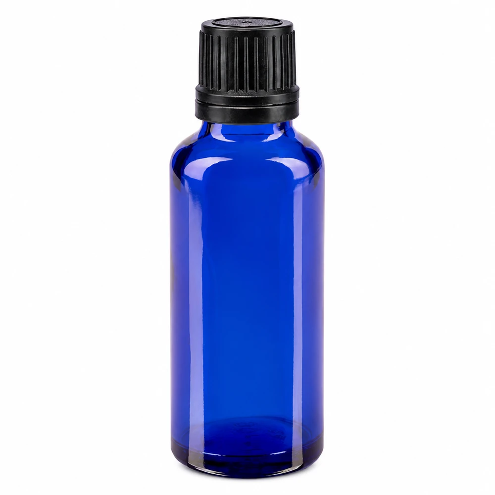 Flacone in vetro blu da 30 ml con dosatore a goccia nero e tappo OV in vetro da farmacia