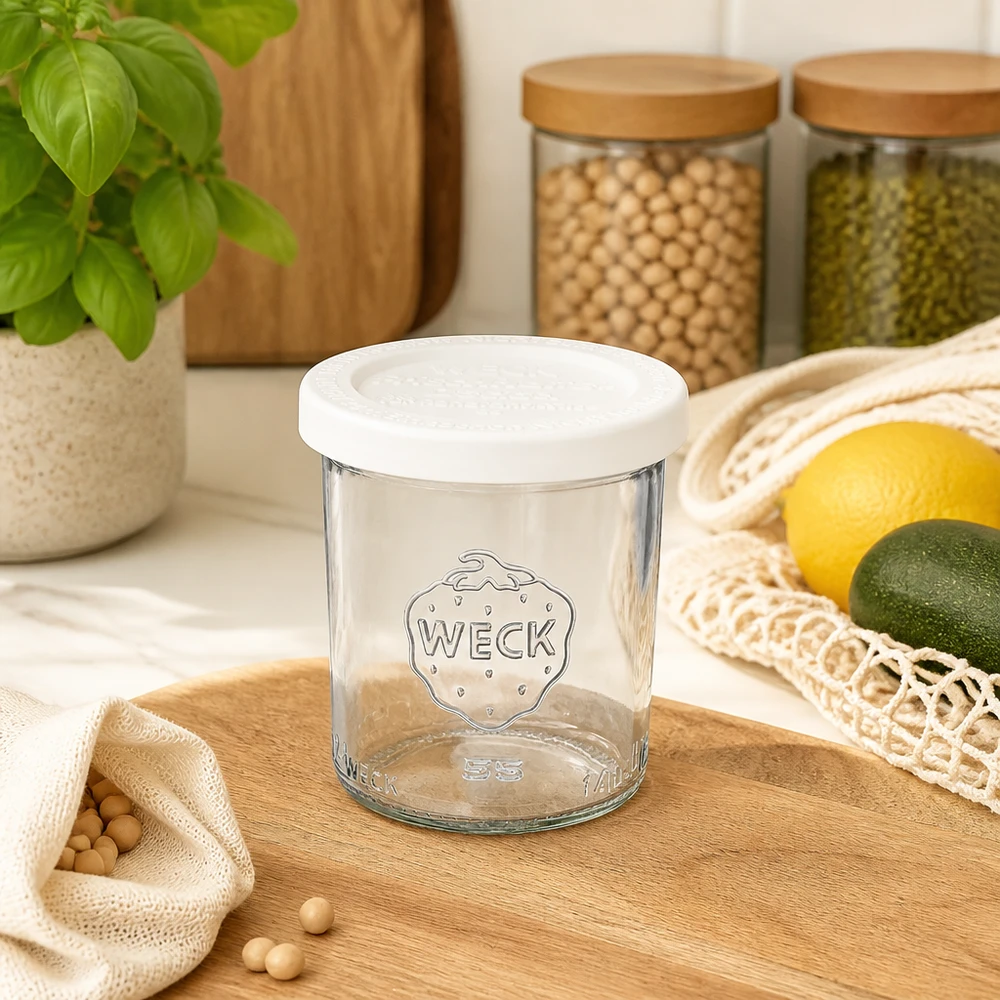 Bicchieri WECK da 140 ml RR60 vuoti con coperchio salvafreschezza nelle cucine moderne accanto a barattoli e frutta fresca