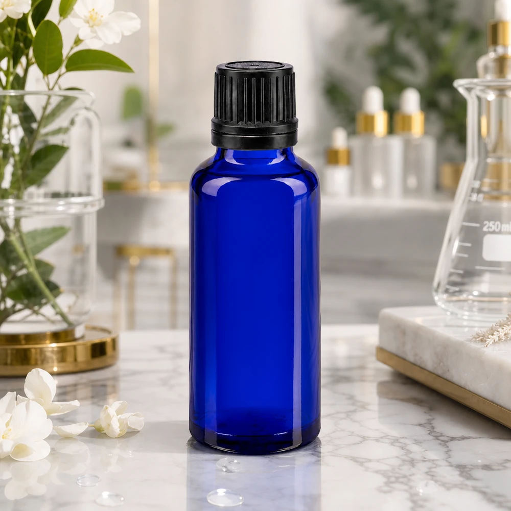 Flacone contagocce in vetro farmaceutico da 30 ml, blu con tappo a vite nero su sfondo marmorizzato