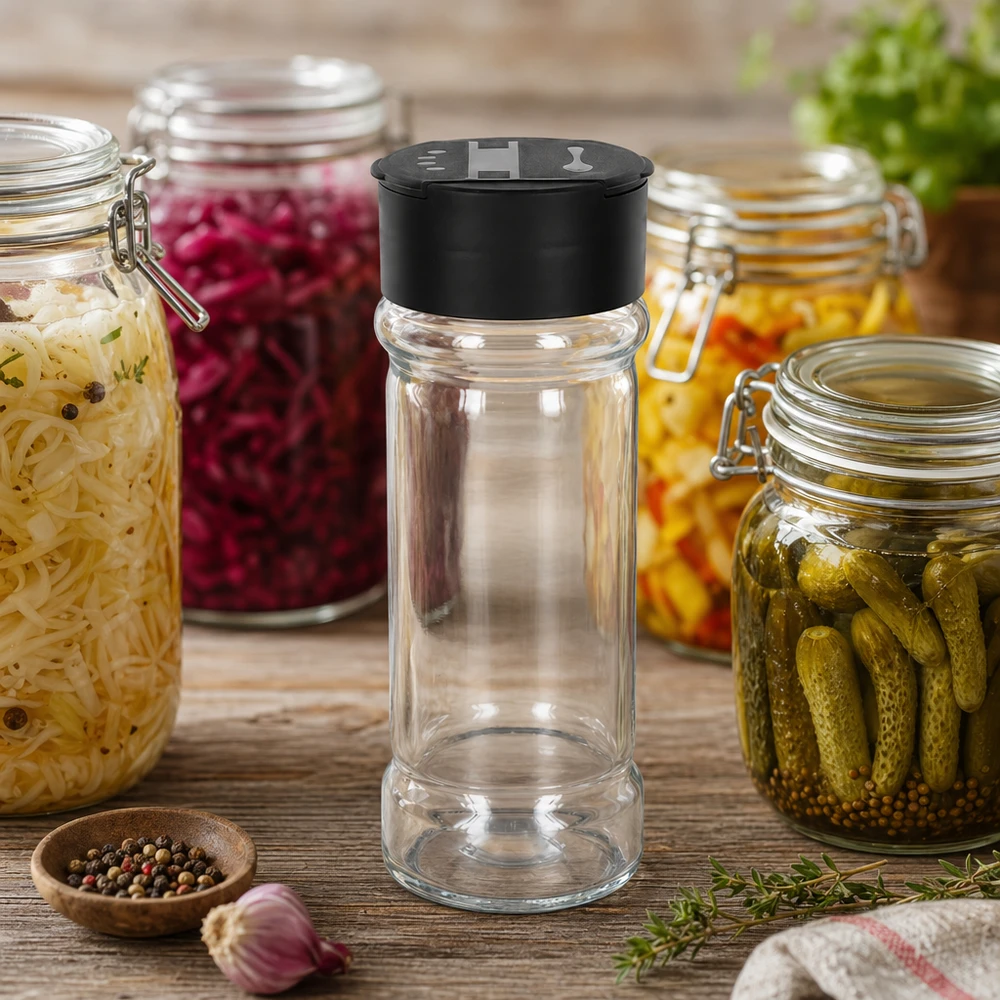 Piccolo barattolo di vetro per sale da 100 ml con coperchio in plastica nera, tra le verdure sott'aceto