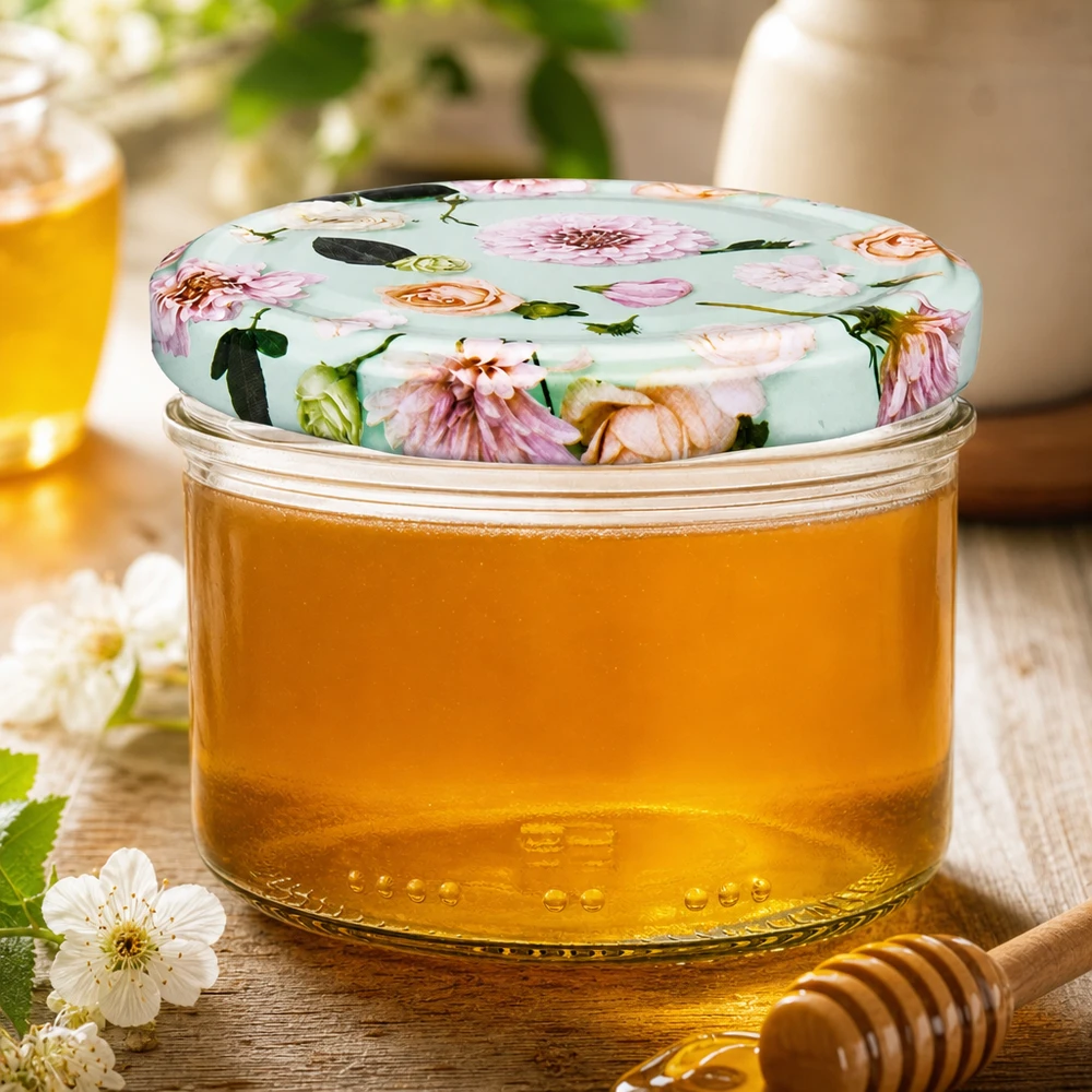 Barattolo cilindrico da 230 ml + coperchio BasicSeal a forma di fiore di menta Vasetto di miele 230ml con coperchio decorativo BasicSeal fiore di menta - miele dorato con cucchiaio di legno e decorazione floreale