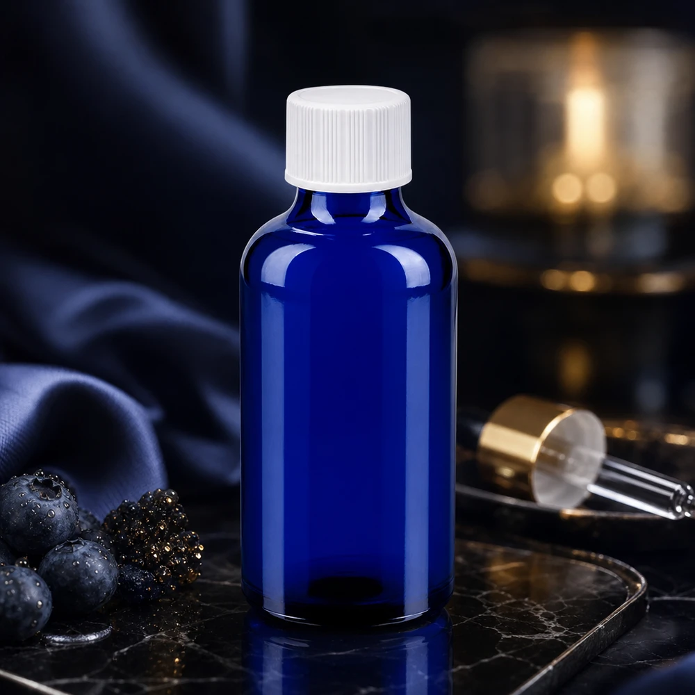 Flacone da 50ml 11mm SV bianco STD BlueLine UT18/50 Flacone premium da 50 ml in vetro blu protetto dai raggi UV con coperchio bianco a prova di perdite