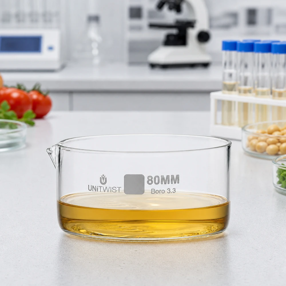 Piatto per cristallizzazione ø80 mm in vetro borosilicato UNiTWIST Vaschetta di cristallizzazione da 80 mm UNiTWIST con olio giallo su superficie da laboratorio in vetro borosilicato 3.3