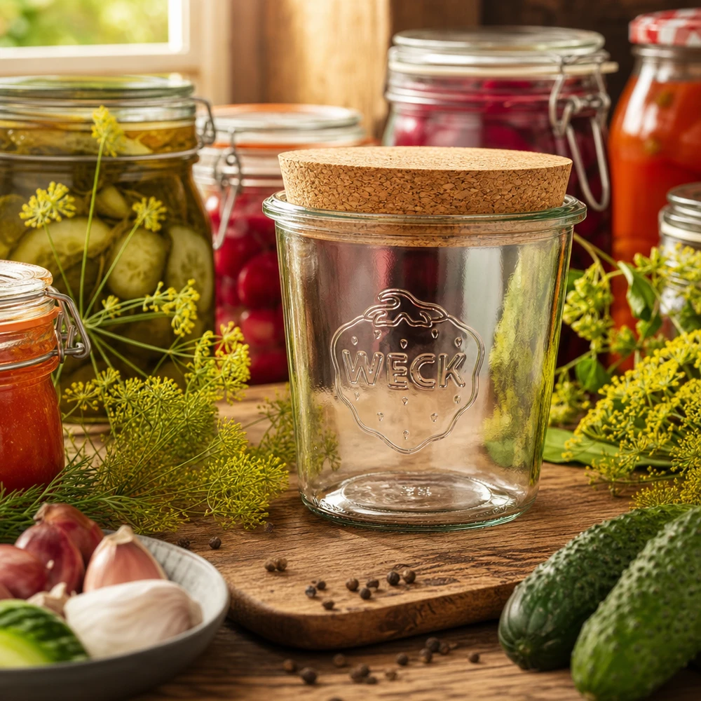 WECK vaso per conserve 580ml RR100 coperchio in sughero in cucina rustica decorato con spezie sottaceti e accessori per conserve