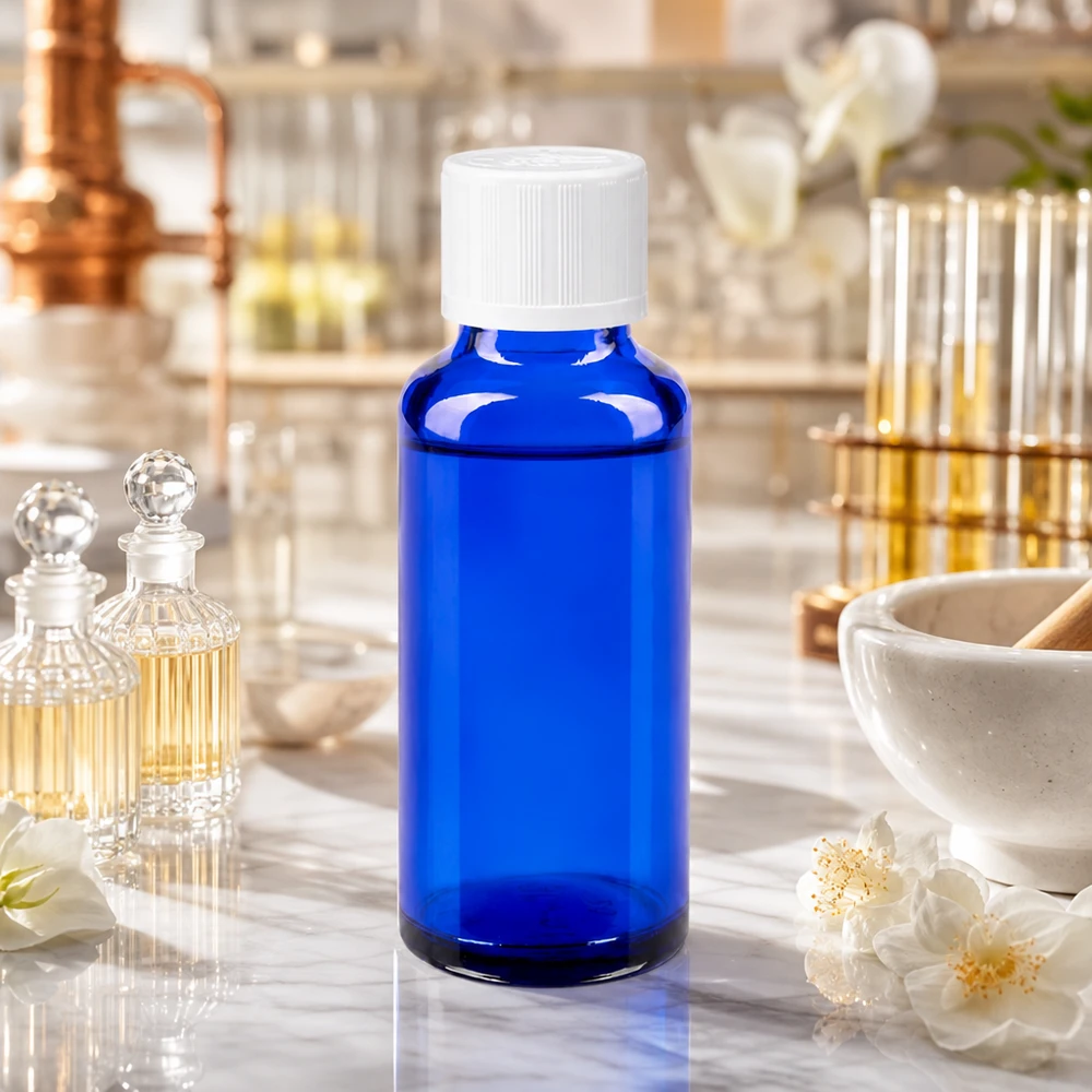 Contagocce blu da 30 ml. STD KiSi bianco/1,2mm ApoGlas Fiaschetta da laboratorio blu da 30 ml con tappo di sicurezza per bambini bianco nel laboratorio di profumeria con pallone di distillazione