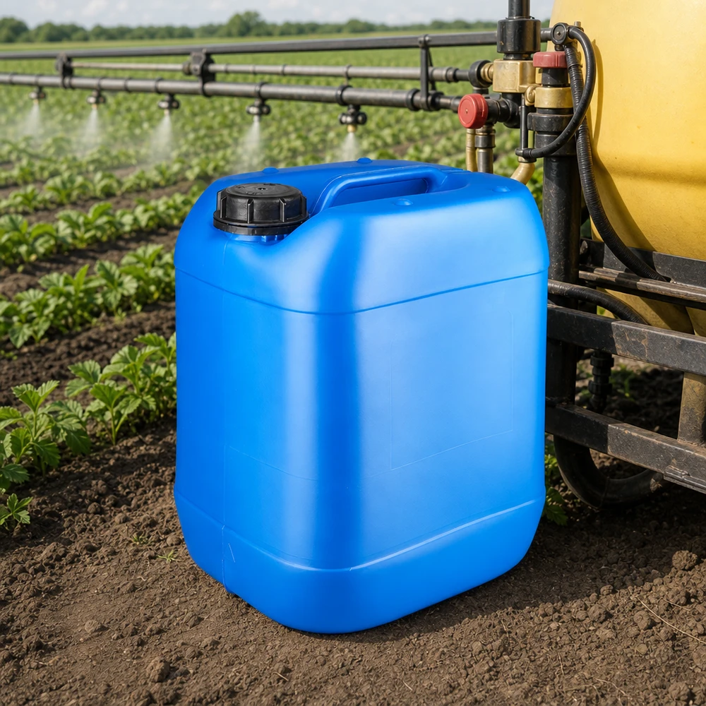 Tanica 20 litri blu con tappo a vite OV Tanica blu da 20 litri con tappo OV nero utilizzata in ambito agricolo accanto a un irroratore